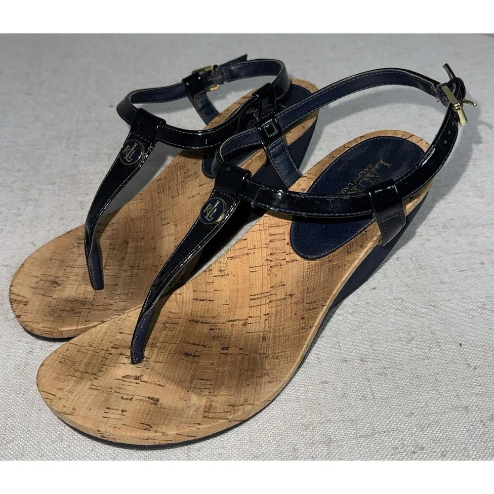 Ralph Lauren Navy Blue Women's 8.5 T-Shaped Thong Wedge Sandals Heels - Picture 3 of 9